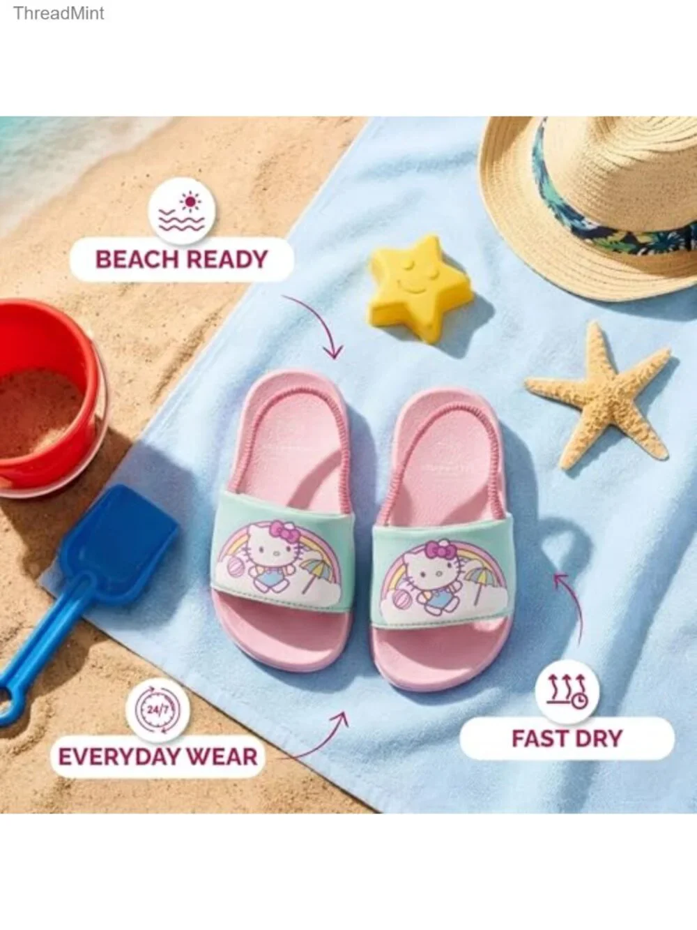 Girls Hello Kitty Slide Sandals w/ Backstrap, EVA Faux Leather, Beach Pool Shoes